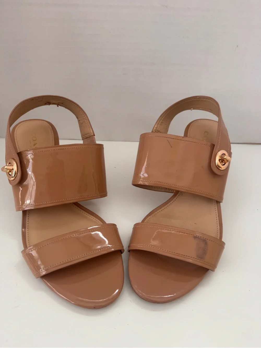 Coach Marla Tan Nude Patent Leather Turnlock Slingback Sandals Size 7B